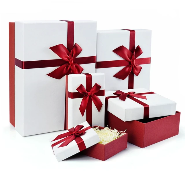 Main image of Gift Box for Present, 5 Christmas Gift Boxes with Lids, Boxes for Gifts, Red Gift Boxes with Ribbon for Holidday, Christmas, Celebration, Birthday, Weddings, etc.(Red/White)