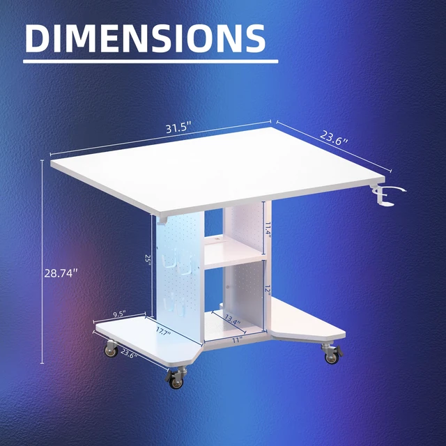 Alt view image 6 of 6 - Small Gaming Desk Rolling Computer Table White
Movable, with Led Lights Power Outlets, with Storage Pegboard and Hook, Sturdy, Suitable for Study Gaming Bedroom Dorm