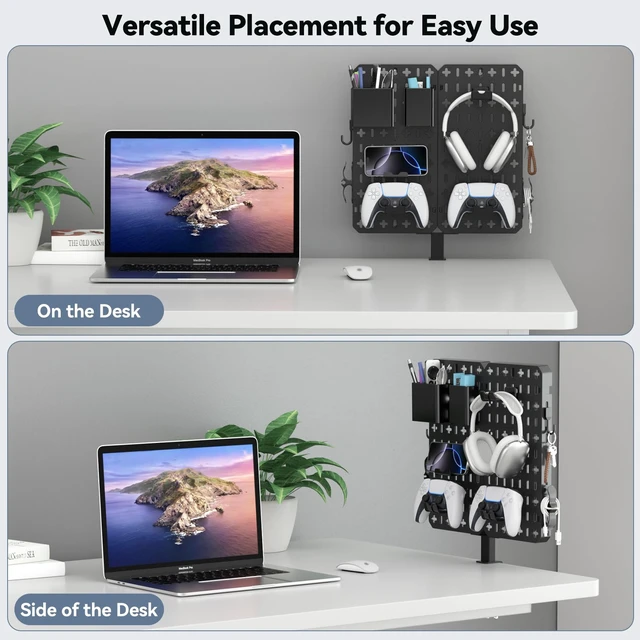 Alt view image 4 of 7 - 7 in 1 Clamp-on Desk Pegboard - No Drill Desk Side Storage with Phone Stand/Pen Holder/Storage Box/Headset & Controller Holder/Hooks, Detachable Gaming Pegboard for Office & Home Desktop Organizer