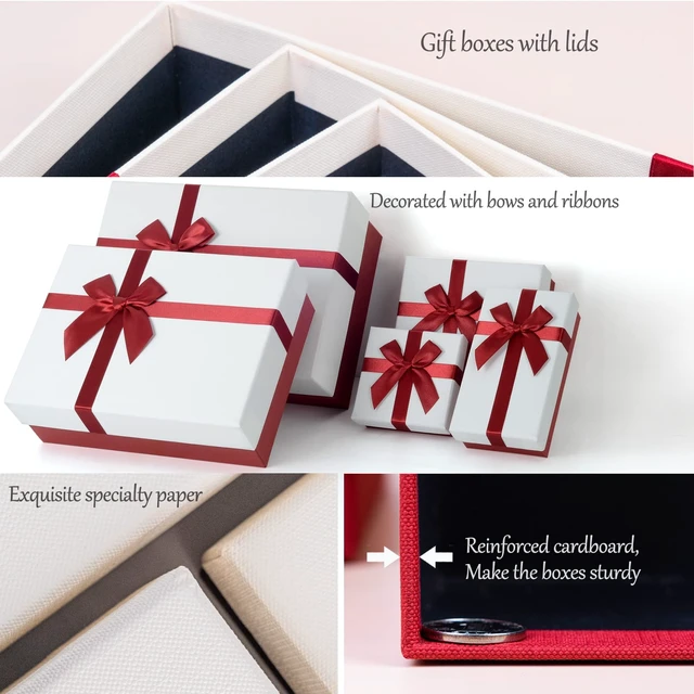 Alt view image 3 of 7 - Gift Box for Present, 5 Christmas Gift Boxes with Lids, Boxes for Gifts, Red Gift Boxes with Ribbon for Holidday, Christmas, Celebration, Birthday, Weddings, etc.(Red/White)