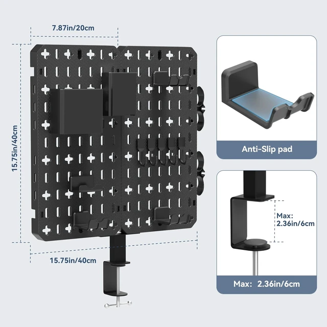 Alt view image 6 of 7 - 7 in 1 Clamp-on Desk Pegboard - No Drill Desk Side Storage with Phone Stand/Pen Holder/Storage Box/Headset & Controller Holder/Hooks, Detachable Gaming Pegboard for Office & Home Desktop Organizer