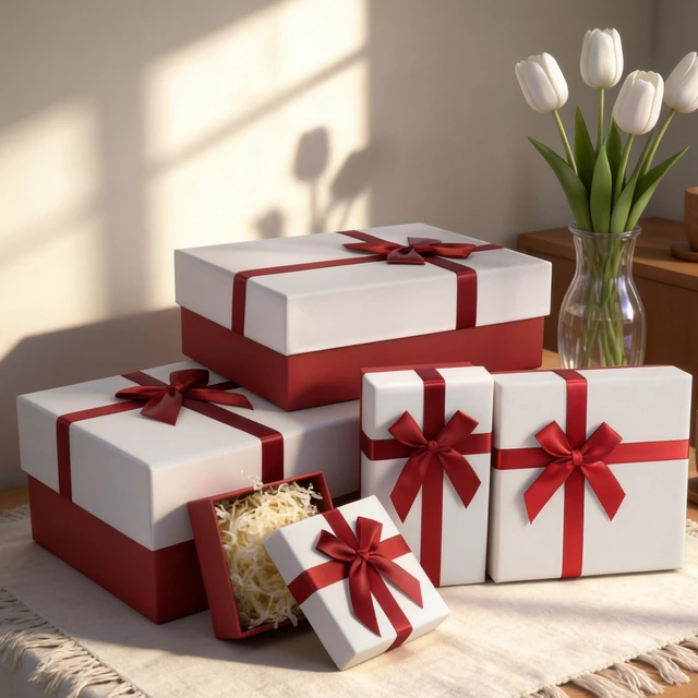 Alt view image 5 of 7 - Gift Box for Present, 5 Christmas Gift Boxes with Lids, Boxes for Gifts, Red Gift Boxes with Ribbon for Holidday, Christmas, Celebration, Birthday, Weddings, etc.(Red/White)