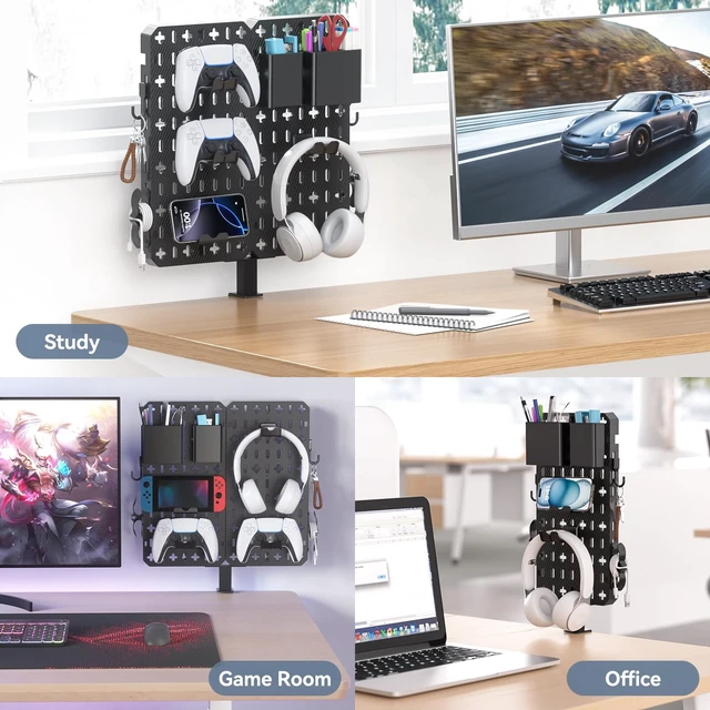 Alt view image 7 of 7 - 7 in 1 Clamp-on Desk Pegboard - No Drill Desk Side Storage with Phone Stand/Pen Holder/Storage Box/Headset & Controller Holder/Hooks, Detachable Gaming Pegboard for Office & Home Desktop Organizer