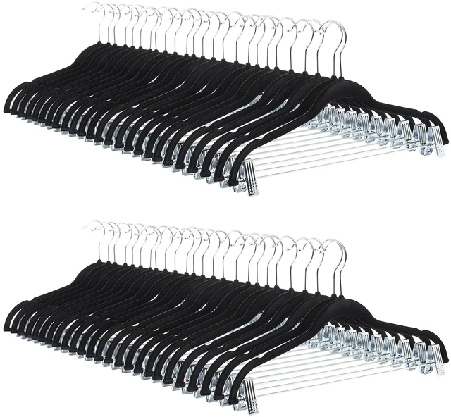 Main image of Velvet Non-Slip Skirt Clothes Hangers with Clips, 360 Degree Rotatable Hook, Sturdy Construction, Organize Pants and Skirts, Black/Silver, 50-Pack