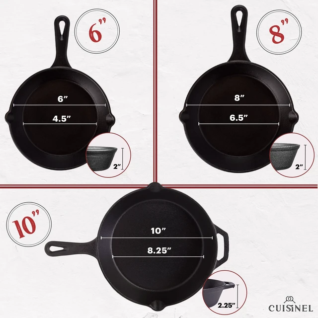 Alt view image 3 of 5 - 6+8+10-Inch Cast Iron Skillet Set, 3-Piece Pre-Seasoned Pan Set
3 Silicone Handle Covers, PFAS & PFOA-Free, Small Skillets for Eggs & Sides, Oven, Stovetop, Grill & Campfire Safe