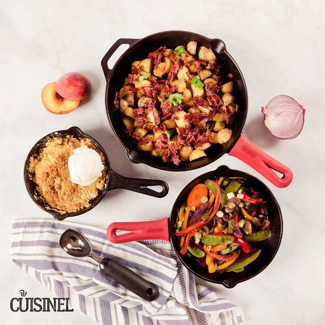 Alt view image 4 of 5 - 6+8+10-Inch Cast Iron Skillet Set, 3-Piece Pre-Seasoned Pan Set
3 Silicone Handle Covers, PFAS & PFOA-Free, Small Skillets for Eggs & Sides, Oven, Stovetop, Grill & Campfire Safe