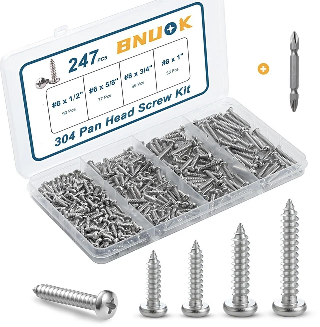 Main image of 247Pcs Pan Head Wood Screws Assortment Kit, #6#8 Stainless Steel 304 Self Tapping Screws Set, Phillips Drive, Sheet Metal Screws