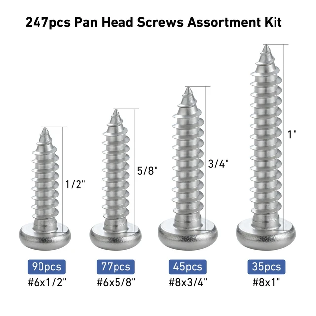 Alt view image 3 of 6 - 247Pcs Pan Head Wood Screws Assortment Kit, #6#8 Stainless Steel 304 Self Tapping Screws Set, Phillips Drive, Sheet Metal Screws