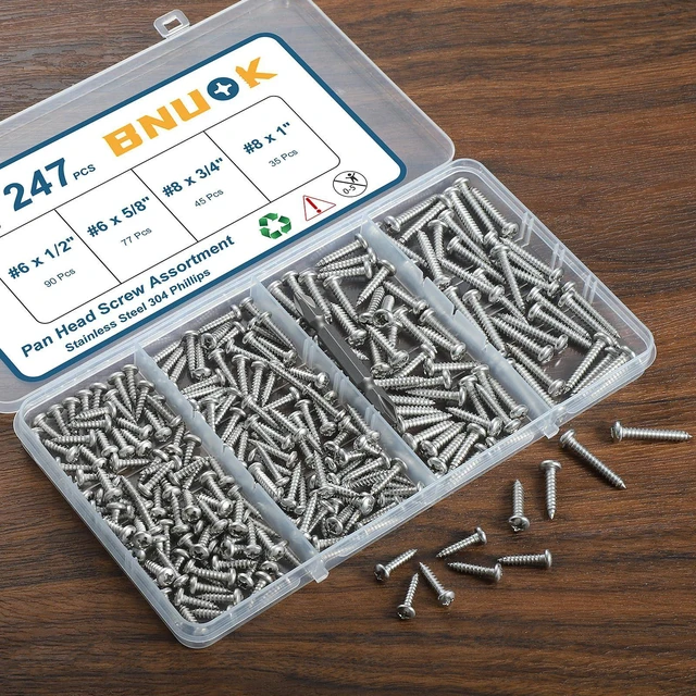 Alt view image 5 of 6 - 247Pcs Pan Head Wood Screws Assortment Kit, #6#8 Stainless Steel 304 Self Tapping Screws Set, Phillips Drive, Sheet Metal Screws