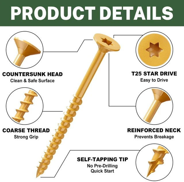 Alt view image 3 of 7 - Deck Screws 3 Inch, Wood Screws #10 x 3, 300 PCS, Tan | Rust Resistant, Exterior Epoxy Coated, for Outdoor Construction/Frame/Fence, Coarse Thread, Torx/Star Drive, T25 Bit Included
