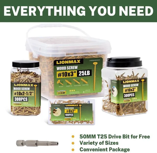 Alt view image 7 of 7 - Deck Screws 3 Inch, Wood Screws #10 x 3, 300 PCS, Tan | Rust Resistant, Exterior Epoxy Coated, for Outdoor Construction/Frame/Fence, Coarse Thread, Torx/Star Drive, T25 Bit Included