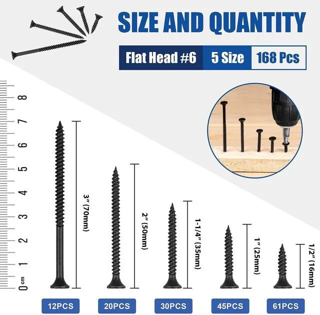 Alt view image 2 of 7 - Wood Screws Assortment, 168 PCS #6 Black Flat Head | Self-Tapping Phillips, Carbon Steel High Hardness, 5 Sizes 1/2 to 3 Inch, Wood Drywall Slate