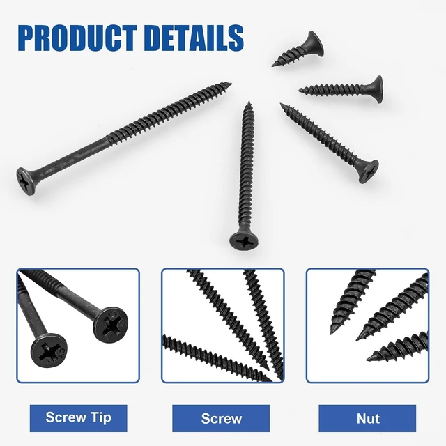 Alt view image 4 of 7 - Wood Screws Assortment, 168 PCS #6 Black Flat Head | Self-Tapping Phillips, Carbon Steel High Hardness, 5 Sizes 1/2 to 3 Inch, Wood Drywall Slate