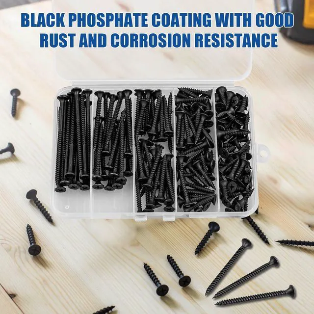 Alt view image 6 of 7 - Wood Screws Assortment, 168 PCS #6 Black Flat Head | Self-Tapping Phillips, Carbon Steel High Hardness, 5 Sizes 1/2 to 3 Inch, Wood Drywall Slate