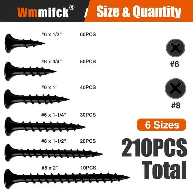 Alt view image 3 of 7 - Upgraded 210 Pcs Wood Screws Assortment Kit, #6#8 High Hardness Phillips Flat Head Drywall Screws, Black Wood Screws, 6 Sizes (2, 1-1/2, 1-1/4, 1, 3/4, 1/2)