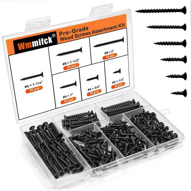 Alt view image 2 of 7 - Upgraded 210 Pcs Wood Screws Assortment Kit, #6#8 High Hardness Phillips Flat Head Drywall Screws, Black Wood Screws, 6 Sizes (2, 1-1/2, 1-1/4, 1, 3/4, 1/2)