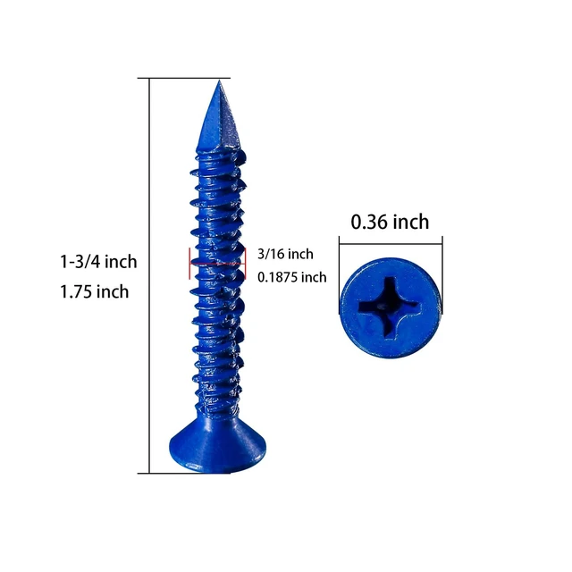 Alt view image 2 of 5 - (30pcs) 3/16''x1-3/4 Concrete Screw Anchor Blue Flat Head for Anchoring to Masonry, Block or Brick Stucco