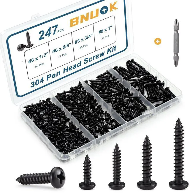 Main image of 247Pcs Pan Head Wood Screws Assortment Kit, #6#8 Black Oxide Stainless Steel 304 Self Tapping Screws Set, Phillips Drive, Sheet Metal Screws