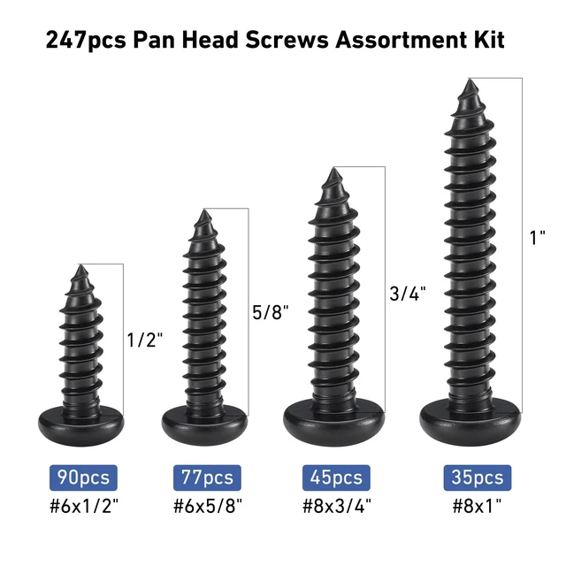 Alt view image 2 of 6 - 247Pcs Pan Head Wood Screws Assortment Kit, #6#8 Black Oxide Stainless Steel 304 Self Tapping Screws Set, Phillips Drive, Sheet Metal Screws