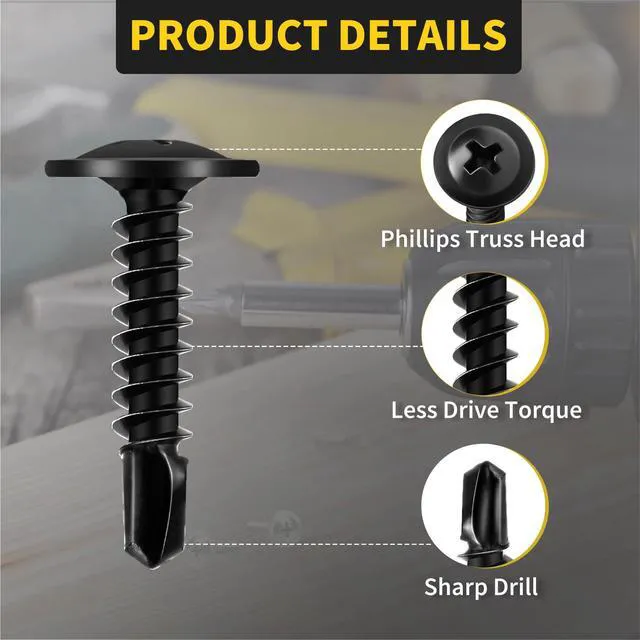 Alt view image 3 of 7 - Sheet Metal Screws #8 x 3/4", 125pcs Phillips Modified Truss Head Self Tapping Screws for Metal, Self Drilling Screws, Black