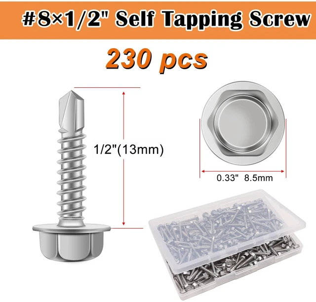 Alt view image 2 of 6 - 230pcs #8×1/2" Self Tapping Screws for Metal, 410 Stainless Steel Hex Washer Head Sheet Metal Screws,Quick Tapping Screw with Screwdriver Bit K-132-13-230P-W