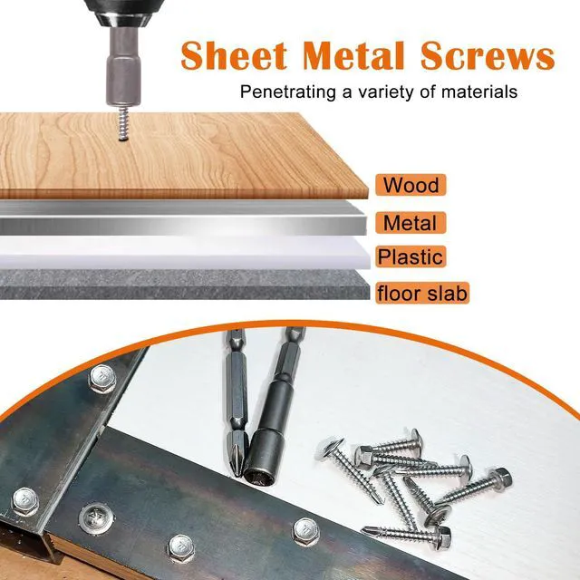 Alt view image 4 of 6 - 200pcs #8×3/4" Self Tapping Screws for Metal, 410 Stainless Steel Hex Washer Head Sheet Metal Screws,Quick Tapping Screw with Screwdriver Bit