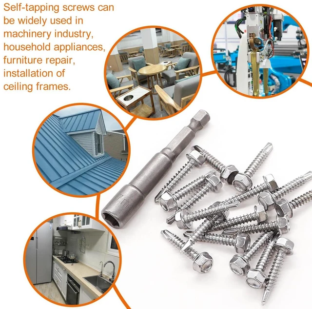 Alt view image 6 of 6 - 200pcs #8×3/4" Self Tapping Screws for Metal, 410 Stainless Steel Hex Washer Head Sheet Metal Screws,Quick Tapping Screw with Screwdriver Bit