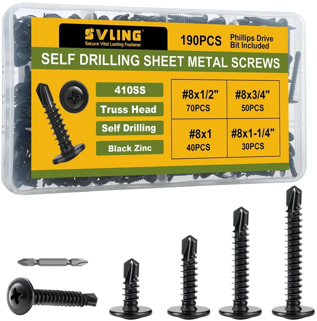 Main image of Black Self Tapping Screws Assortment Kit 190PCS, Modified Truss Head Sheet Metal Screws #8 x 1/2",3/4",1",1-1/4", Stainless Steel 410 Self Drilling Screw for Metal Wood Plastic