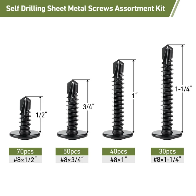 Alt view image 4 of 6 - Black Self Tapping Screws Assortment Kit 190PCS, Modified Truss Head Sheet Metal Screws #8 x 1/2",3/4",1",1-1/4", Stainless Steel 410 Self Drilling Screw for Metal Wood Plastic
