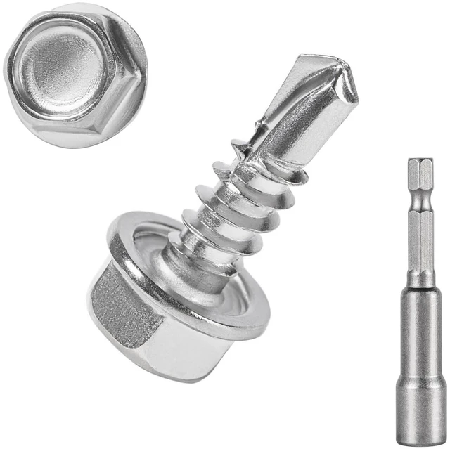 Main image of 120PCS #8 x 1/2'' Sheet Metal Screws 410 Stainless Steel Hex Washer Head Fast Self Tapping Screws with Screwdriver Bit Silver