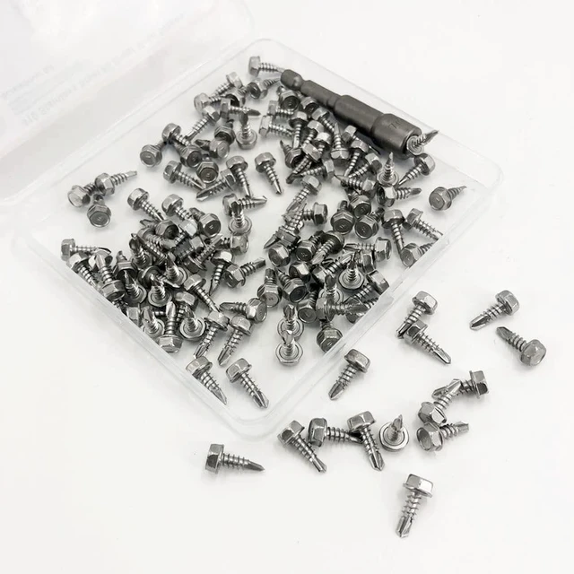 Alt view image 3 of 6 - 120PCS #8 x 1/2'' Sheet Metal Screws 410 Stainless Steel Hex Washer Head Fast Self Tapping Screws with Screwdriver Bit Silver