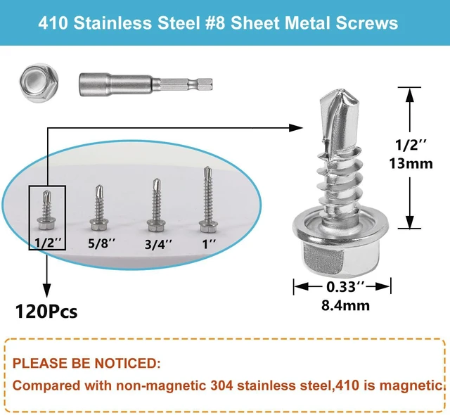 Alt view image 2 of 6 - 120PCS #8 x 1/2'' Sheet Metal Screws 410 Stainless Steel Hex Washer Head Fast Self Tapping Screws with Screwdriver Bit Silver