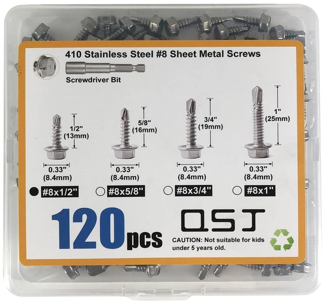 Alt view image 6 of 6 - 120PCS #8 x 1/2'' Sheet Metal Screws 410 Stainless Steel Hex Washer Head Fast Self Tapping Screws with Screwdriver Bit Silver