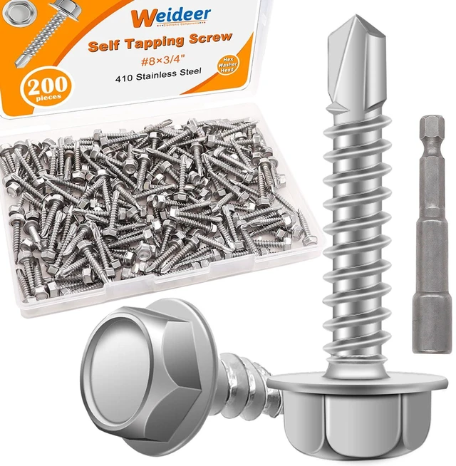 Main image of 200pcs #8×3/4" Self Tapping Screws for Metal, 410 Stainless Steel Hex Washer Head Sheet Metal Screws,Quick Tapping Screw with Screwdriver Bit