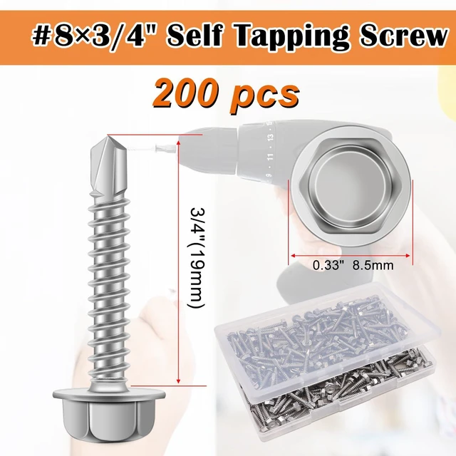 Alt view image 3 of 6 - 200pcs #8×3/4" Self Tapping Screws for Metal, 410 Stainless Steel Hex Washer Head Sheet Metal Screws,Quick Tapping Screw with Screwdriver Bit
