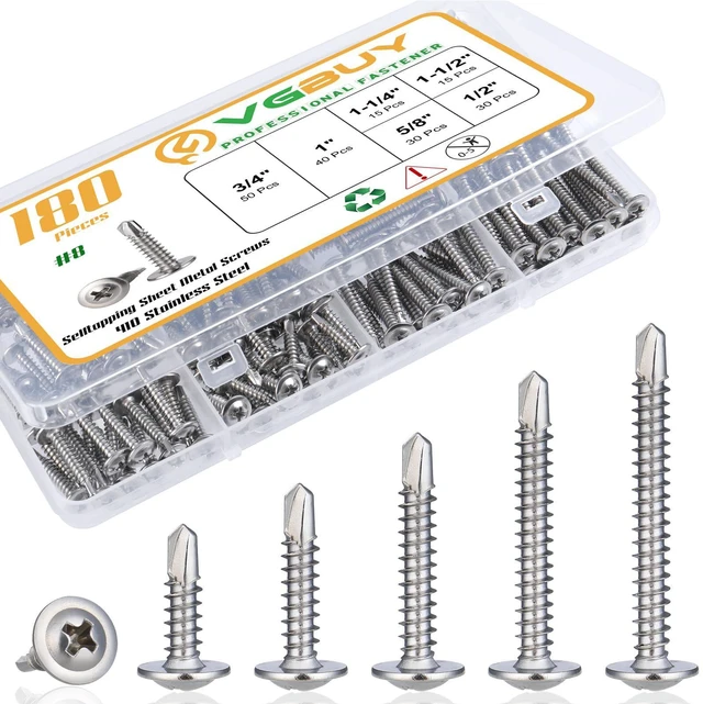 Main image of 180Pcs #8 Self Tapping Screws Assortment Kit, 410 Stainless Steel Self Drilling Screws for Metal, 6 Sizes (1/2", 5/8", 3/4", 1", 1-1/4", 1-1/2") Modified Truss Head Sheet Metal Screw