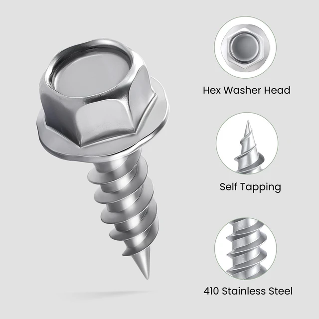 Alt view image 2 of 6 - #8 x 1/2" Self Tapping Gutter Screws, 110PCS 410 Stainless Steel Sheet Metal Screws, Hex Washer Head, 1/4" Hex Bit Socket Included