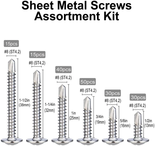 Alt view image 2 of 6 - 180Pcs #8 Self Tapping Screws Assortment Kit, 410 Stainless Steel Self Drilling Screws for Metal, 6 Sizes (1/2", 5/8", 3/4", 1", 1-1/4", 1-1/2") Modified Truss Head Sheet Metal Screw