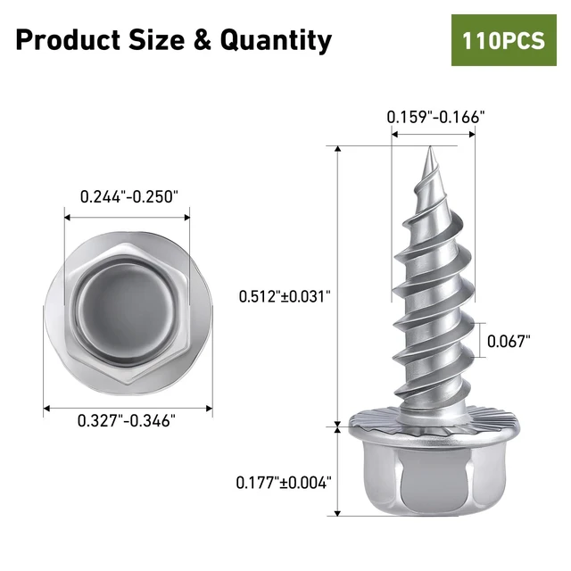Alt view image 4 of 6 - #8 x 1/2" Self Tapping Gutter Screws, 110PCS 410 Stainless Steel Sheet Metal Screws, Hex Washer Head, 1/4" Hex Bit Socket Included