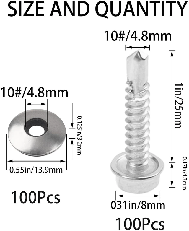 Alt view image 2 of 5 - 100Pcs #10x1'' Self Drilling Screws with Rubber Washer, 410 Stainless Steel Roofing Screws Hex Head Self Tapping Screws with EPDM Washer