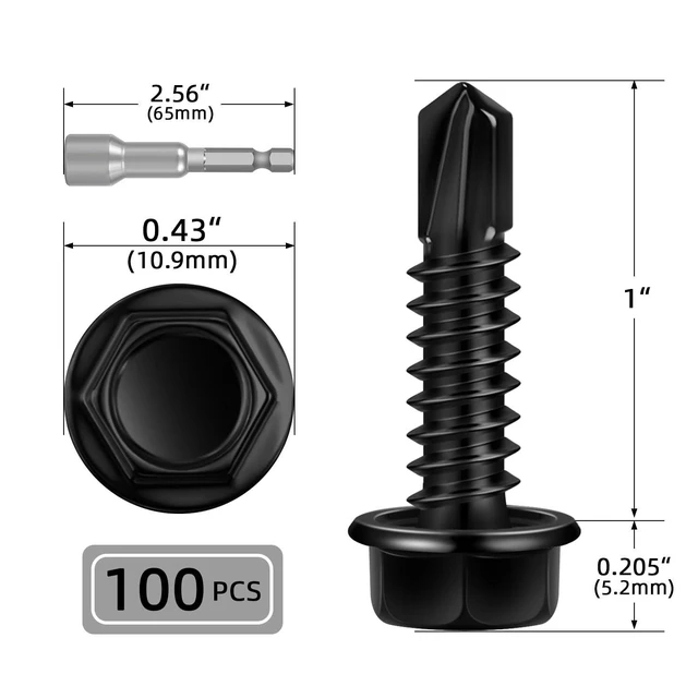 Alt view image 2 of 7 - 100 PCS #12 x 1 Sheet Metal Screws, Black Hex Washer Head Self Drilling Screw, Flanged Self Tapping Screws, 410 Stainless Steel