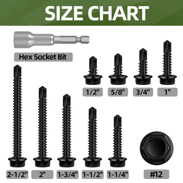 Alt view image 3 of 7 - 100 PCS #12 x 1 Sheet Metal Screws, Black Hex Washer Head Self Drilling Screw, Flanged Self Tapping Screws, 410 Stainless Steel