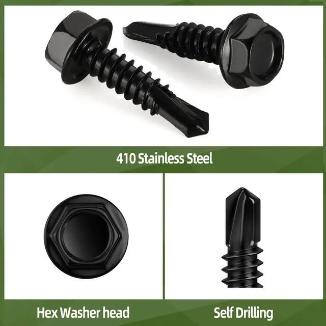 Alt view image 4 of 7 - 100 PCS #12 x 1 Sheet Metal Screws, Black Hex Washer Head Self Drilling Screw, Flanged Self Tapping Screws, 410 Stainless Steel