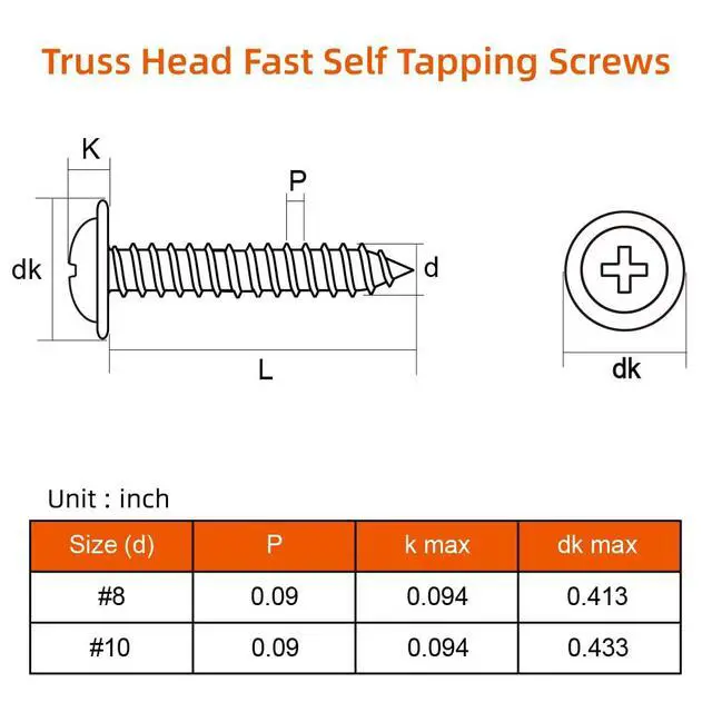 Alt view image 2 of 6 - #8 x 1/2" Truss Head Fast Self Tapping Screws, Alloy Steel Wood Screws, White Head, 100 PCS