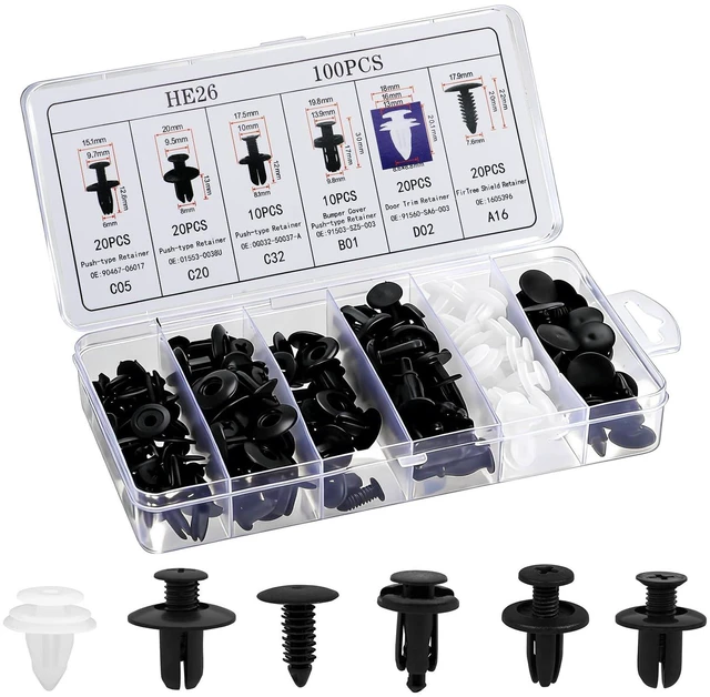 Main image of 100Pcs Auto Body Panel Fasteners & Push Pin Rivets - 6 Sizes Bumper Fender Flare Retainer Clips. Plastic Expansion Screws Replacement for GM Ford Toyota Honda (100Pcs)