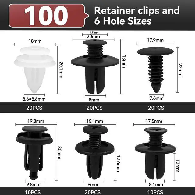 Alt view image 2 of 6 - 100Pcs Auto Body Panel Fasteners & Push Pin Rivets - 6 Sizes Bumper Fender Flare Retainer Clips. Plastic Expansion Screws Replacement for GM Ford Toyota Honda (100Pcs)