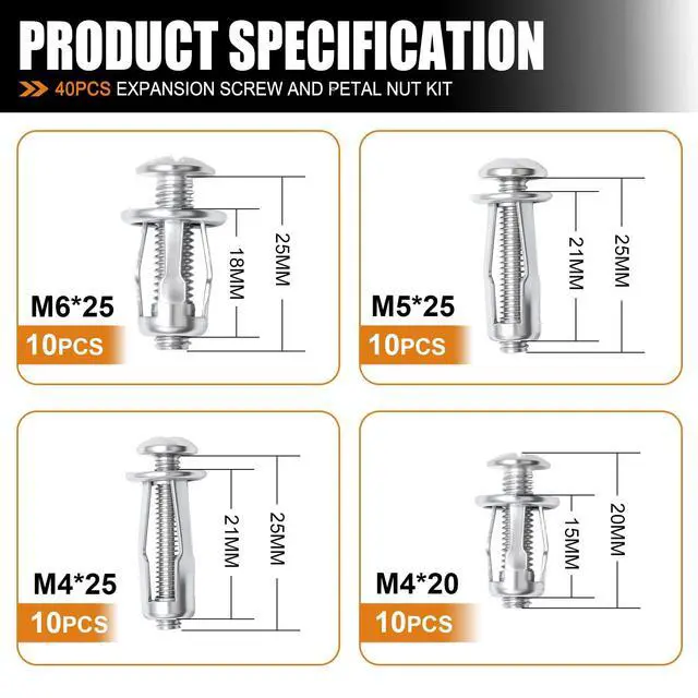 Alt view image 2 of 6 - 40PCS Expansion Screw and Petal Nut Kit M4 M5 M6 Jack Car Metal Screw Petal Shape Metal Nut Anchor Screw for Hollow Wall Iron Skin Plasterboard M-175-40PCS