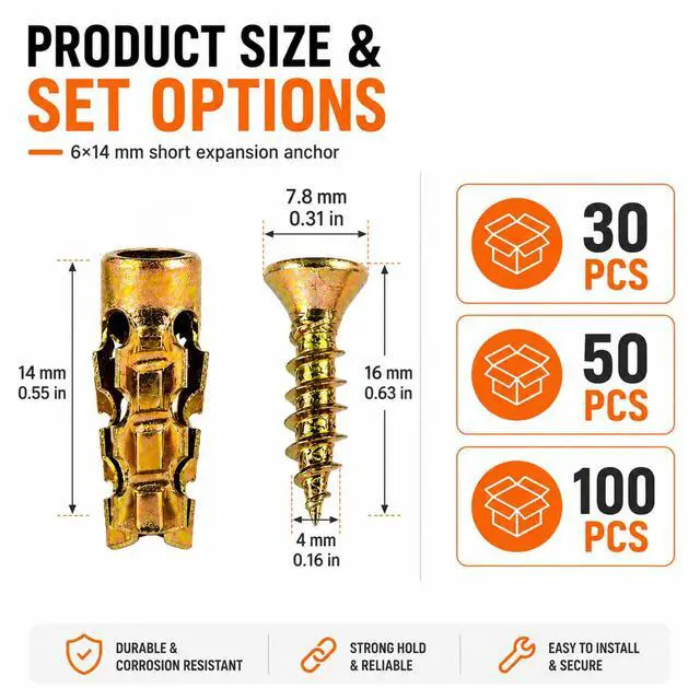 Alt view image 7 of 7 - 6×14mm Short Expansion Screw Set for Cabinet Hinge Repair, Expansion Anchor | Cabinet Hinge Screws for Stripped Hole Repair, Door Hinge Repair Kit