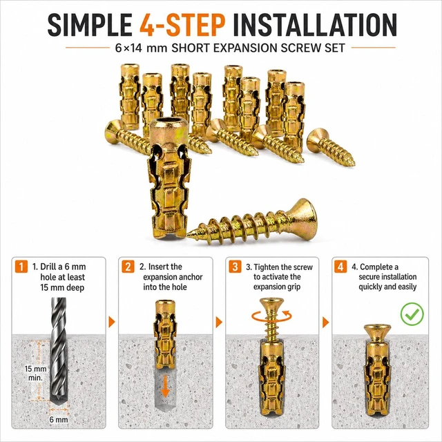 Alt view image 5 of 7 - 6×14mm Short Expansion Screw Set for Cabinet Hinge Repair, Expansion Anchor | Cabinet Hinge Screws for Stripped Hole Repair, Door Hinge Repair Kit