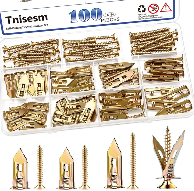 Main image of 100Pcs 3 Size Self Drywall Drilling Anchors with Screws Kit, Metal & Heavy Duty Grip Anchors for Wall Sheetrock, Expansion Anchor Assorted Sizes for Picture Frames, Shelves & Home Decor
